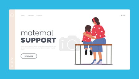 Illustration for Maternal Support Landing Page Template. Loving Mother and Daughter Hugging Sitting on Bench Rear View. Mom and Girl Embrace, Mommy and Baby Characters Relations. Cartoon People Vector Illustration - Royalty Free Image