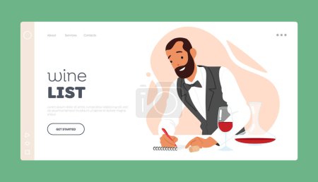 Illustration for Wine List Landing Page Template. Sommelier Profession Concept, Steward Tasting Drinks Making Notes in Notebook. Male Character Tasting Alcohol Drinks in Winery Bar. Cartoon People Vector Illustration - Royalty Free Image