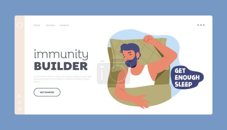 Téléchargez les illustrations : Immunity Builder Landing Page Template. Get Enough Sleep Advice for Immunity Boost, Healthy Lifestyle and Wellness with Relaxed Male Character Sleeping in Bed. Cartoon People Vector Illustration - en licence libre de droit