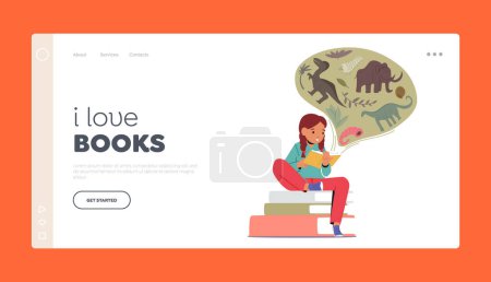 Téléchargez les illustrations : Love Books Landing Page Template. Girl Characters Studying Prehistoric Animals and Dinosaur History from Book. School Education, Knowledge Concept. Little Kid Reading. Cartoon Vector Illustration - en licence libre de droit