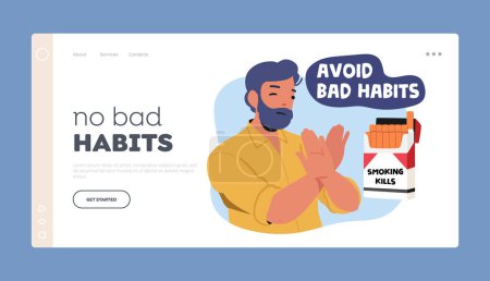 No Bad Habits Landing Page Template. Man Show Stop Gesture for Cigarette Box. Male Character Healthy Lifestyle, Immunity Boost, Give Up Smoking Motivation. Cartoon People Vector Illustration