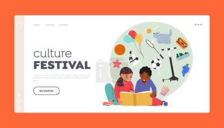 Téléchargez les illustrations : Culture Festival Landing Page Template. Little Boy Reading Books Lying on Floor, Kid Character Studying, School Child Learning Classes in Library or Enjoying Reading Hobby. Cartoon Vector Illustration - en licence libre de droit