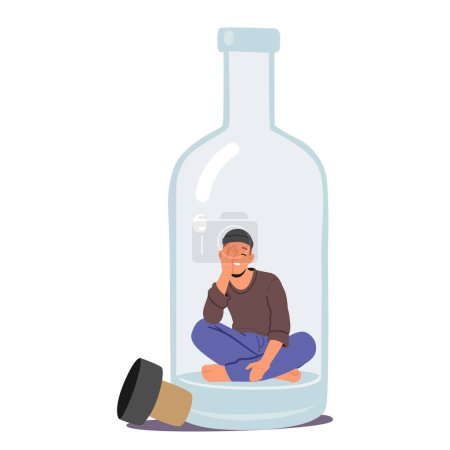 Téléchargez les illustrations : Drunk Man with Alcohol Addiction Sitting on Bottom of Empty Bottle. Alcoholism Concept with Male Character Suffering of Pernicious Habits and Substance Abuse. Cartoon People Vector Illustration - en licence libre de droit