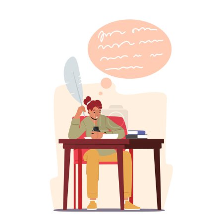 Téléchargez les illustrations : Creative Female Character Writer, Poet or Editor Sitting at Desk with Inkwell, Feather Pen, Inspired Woman Author Writing Book or Poems. Creative Occupation Concept. Cartoon People Vector Illustration - en licence libre de droit