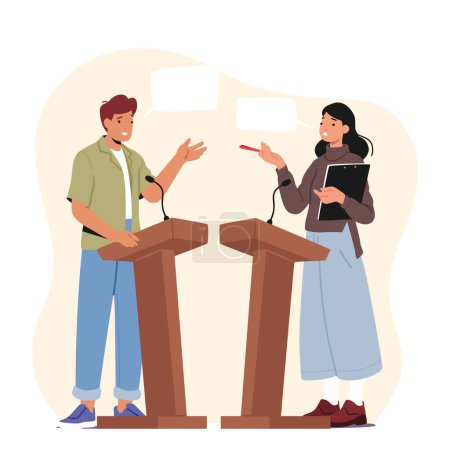 Téléchargez les illustrations : Male Female Politician Characters Debate On Rostrum for Gender Equality. Debate Before Vote Concept with Leaders Of Opposing Political Parties Talking On Public Debates. Cartoon Vector Illustration - en licence libre de droit