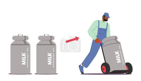 Téléchargez les illustrations : Loader Male Character Push Trolley with Milk Cistern or Canister Isolated on White Background. Man Worker Deliver Dairy Production on Plant or Factory Manufacture. Cartoon People Vector Illustration - en licence libre de droit