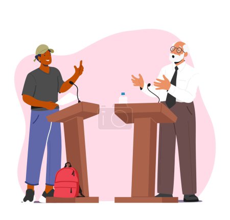 Debates Concept. Dialogue Between Young and Senior Men Behind The Podium. Political Election, Voting Speech. Controversy of Characters in Formal and Casual Suits. Cartoon People Vector Illustration