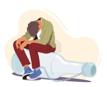 Drunk Male Character Chained to Alcohol Bottle. Problems in Life, Alcohol Addiction Concept with Male Character with Pernicious Habits Addiction and Substance Abuse. Cartoon People Vector Illustration
