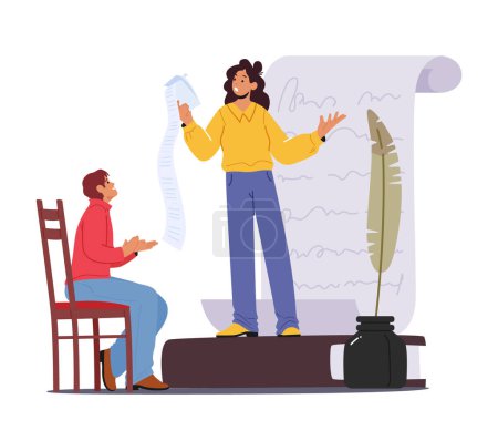 Ilustración de Poet Girl Reading Poem to Listener. Inspired Creative Female Character Presenting Poetries on Event for Artists in Room with Paper Scroll, Feather Pen and Inkwell. Cartoon People Vector Illustration - Imagen libre de derechos
