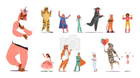 Ilustración de Set of People in Carnival Costumes. Male and Female Characters, Kids and Adults Wear Animal Kigurumi Pajamas, Children in Superhero Suits, Theatrical Clothing for Fun. Cartoon Vector Illustration - Imagen libre de derechos
