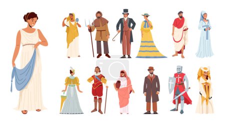 Set of People in Historical Costumes. Male and Female Characters Wear Ancient Greek, Victorian Era, Middle Ages Lady and Knight Suits. Actors and Actresses, Cosplay Event. Cartoon Vector Illustration