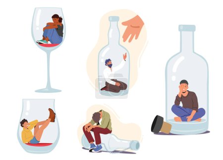 Téléchargez les illustrations : Set of People with Alcohol Addiction. Concept with Male and Female Characters Sitting on Wineglass or Bottle Bottom. Persons with Pernicious Habits and Substance Abuse. Cartoon Vector Illustration - en licence libre de droit