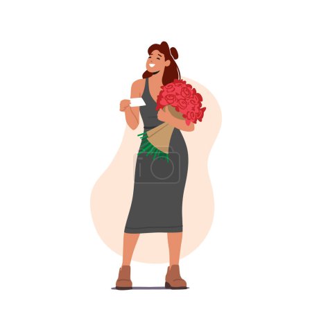 Téléchargez les illustrations : Surprised Girl Get Bouquet with Card from Courier for Valentine Day or Birthday. Love, Human Relation, Dating. Present to Girlfriend, Flowers Delivery Service. Cartoon People Vector Illustration - en licence libre de droit