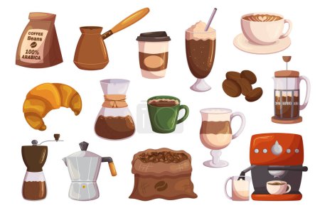 Set of Coffee Themed Icons. Beans Package, Cezve, Coffee Maker Machine and Croissant, Carton Disposable Cup, Ceramic Mug, Americano, Latte or Cappuccino Drinks. Cartoon Vector Illustration