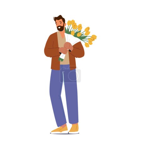 Téléchargez les illustrations : Male Character Holding Flower Bouquet Isolated on White Background. Man Walk on Dating with Girl, Meet Someone in Airport or Prepare Gift for Holiday Celebration. Cartoon People Vector Illustration - en licence libre de droit