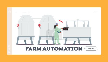 Illustration for Farm Automation Landing Page Template. Manufacture, Industry and Dairy Food Production. Woman Technologist Switch On Tanks for Milk Pasteurization on Factory. Cartoon People Vector Illustration - Royalty Free Image