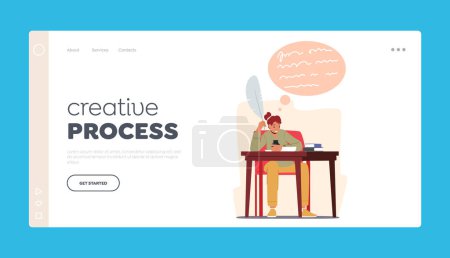 Téléchargez les illustrations : Creative Process Landing Page Template. Female Character Writer or Poet Sitting at Desk with Inkwell, Feather Pen, Inspired Woman Author Writing Book or Poems. Cartoon People Vector Illustration - en licence libre de droit
