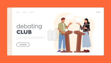 Illustration for Debating Club Landing Page Template. Male and Female Characters Debate On Rostrum. Oratory Skills Development Concept with Man And Woman Talking On Public Debates. Cartoon Vector Illustration - Royalty Free Image