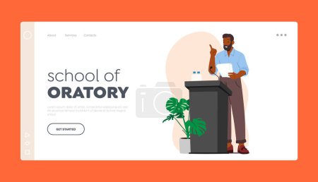 Illustration for School of Oratory Landing Page Template. African Speaker Male Character Reporting or Announcing during Press Conference, Debates or Briefing. Black Man Speaking on Tribune. Cartoon Vector Illustration - Royalty Free Image
