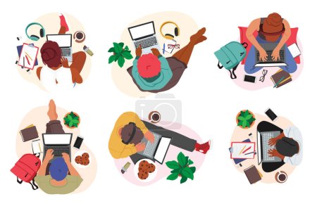 Ilustración de Set of Male and Female Characters with Laptops Top View. Freelancer, Office Worker or Student Sitting on Floor with Notebook and Working Supplies. Cartoon People Vector Illustration - Imagen libre de derechos