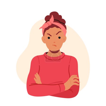 Ilustración de Angry Female Character with Negative Emotions, Frustration, Annoyance And Anger. Woman with Frown Face, Furrowed Eyebrows, Crossed Arms. Body Language Indicate Aggression Cartoon Vector Illustration - Imagen libre de derechos