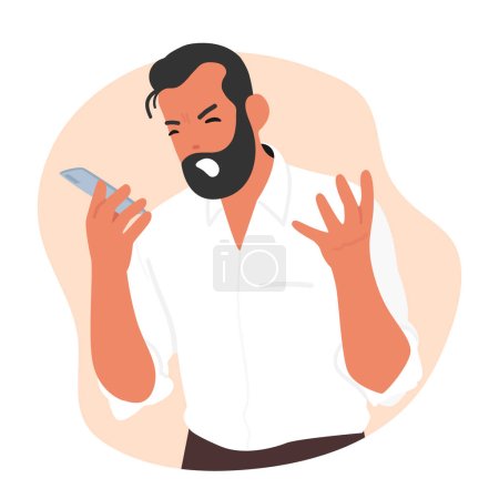 Illustration for Angry Male Character with Furrowed Eyebrows And Scowl Face Shouting and Speaking With A Loud Sharp Tone by Mobile Phone. Anger, Sense Of Annoyance, Rage, Or Fury. Cartoon People Vector Illustration - Royalty Free Image