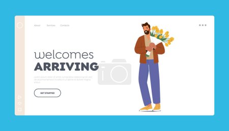 Welcomes Arriving Landing Page Template. Male Character Holding Flower Bouquet. Man Walk on Dating with Girl, Meet Someone in Airport or Prepare Gift for Holiday. Cartoon People Vector Illustration