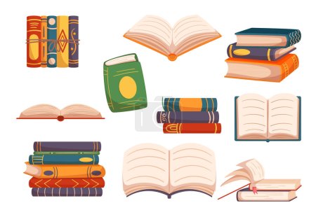 Illustration for Set of Books, Bestsellers, School Textbooks. Closed And Open Dictionaries With Colorful Covers And Bookmarks. Single Objects And Pile, Isolated Books In Store Or Library. Cartoon Vector Illustration - Royalty Free Image