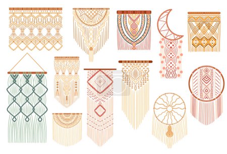 Téléchargez les illustrations : Set of Macrame Bohemian Or Coastal-inspired Home Decor Isolated on White Background. Diy Hobby And Creative Design Elements, Various Decorative Items with Folk Ornaments. Cartoon Vector Illustration - en licence libre de droit