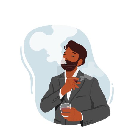 Illustration for Man Leisurely Inhaling Smoke With Relaxed Expression On Face. Male Character Hold Lit Cigarette Exhaling Smoke With Carefree Expression. Unhealthy Habits, Addiction. Cartoon People Vector Illustration - Royalty Free Image