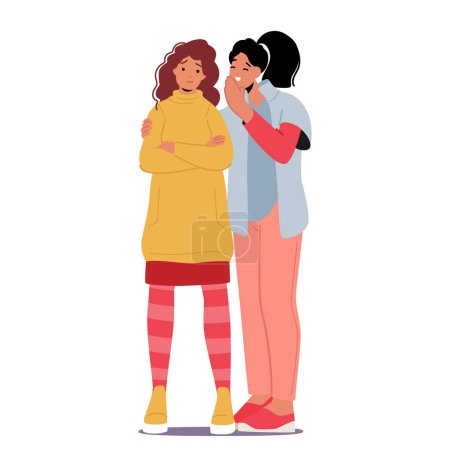 Two Women Characters Huddled Close, Whispering Secrets To Each Other, Share Gossip Or Confidential Conversation. Friendship, Gossip And Female Bonding Concept. Cartoon People Vector Illustration