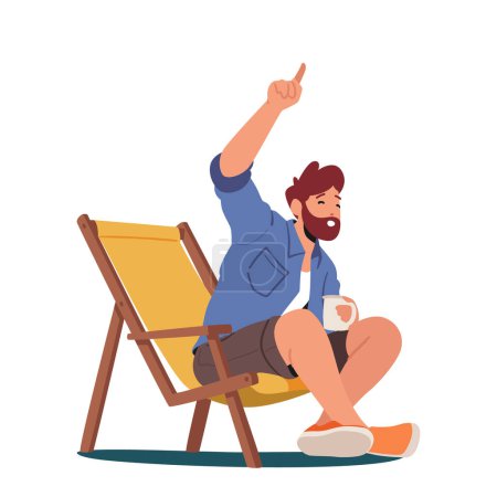 Ilustración de Male Character Sitting in Chair with Mug Enjoying Tea On Camping Daybed Isolated on White Background. Relaxation And Unwinding in Hiking Camp on Nature Concept. Cartoon People Vector Illustration - Imagen libre de derechos