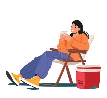Ilustración de Mujer Relájese en el sofá cama, beber té en el camping aislado sobre fondo blanco. Acogedora y pacífica escena con carácter femenino disfrutando de la naturaleza y la bebida caliente. Dibujos animados Gente Vector Ilustración - Imagen libre de derechos