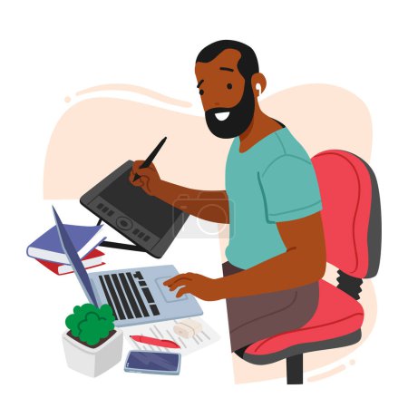 Téléchargez les illustrations : Graphic Designer Male Character Sitting At Desk with Laptop and Tablet Holding Stylus an Hand Drawing Sketches or Create Designs with Focused Inspired Look. Cartoon People Vector Illustration - en licence libre de droit