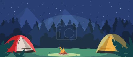 Illustration for Night Camping With Tents And Campfire. Tourist Place In Dark Forest. Cozy Traveler Halt On Nature Landscape With Trees And Dark Starry Sky Scenery View. Camp Hiking Scene. Cartoon Vector Illustration - Royalty Free Image