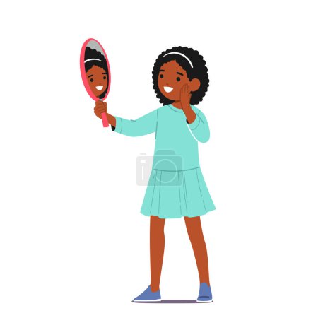 Illustration for Little Black Girl Staring Into A Mirror, Examining her Reflection, Exhibiting Emotions Of Amazement, Satisfaction, Self-Discovery, Child Isolated On White Background. Cartoon Vector Illustration - Royalty Free Image