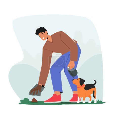 Illustration for Responsible Pet Ownership Concept with Male Character Cleaning Up Poop into Plastic Bag After his Dog in Park. Reminder for Importance Of Taking Care Of Environment. Cartoon People Vector Illustration - Royalty Free Image