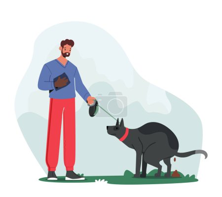 Illustration for Public Space Cleanliness Concept with Man Pet Owner Ready for Removing Dog Waste after Poop on Street. Ownership Responsibility To Maintain Clean Environment. Cartoon People Vector Illustration - Royalty Free Image
