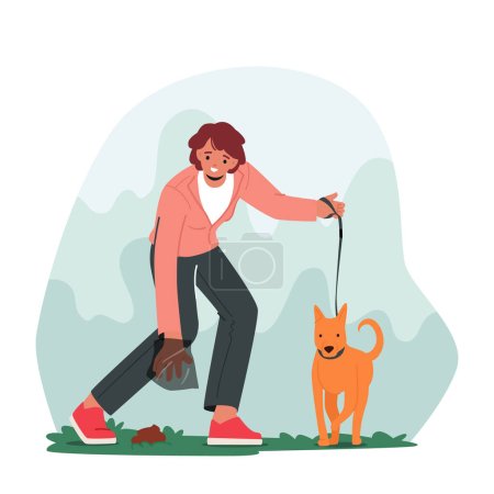 Responsible Pet Ownership Concept. Woman Pet Owner Picking Dog Poo into Plastic Bag on Street. Hygiene Maintenance, Necessary Task To Maintain Clean Public Place. Cartoon People Vector Illustration