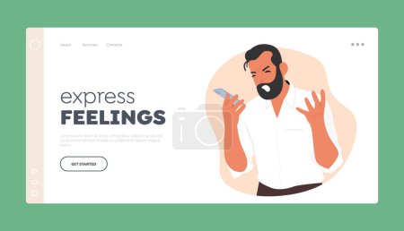 Téléchargez les illustrations : Angry Man Express Feelings Landing Page Template. Male Character Shouting and Speaking With A Loud Tone by Mobile Phone. Anger, Sense Of Annoyance, Rage, Or Fury. Cartoon People Vector Illustration - en licence libre de droit