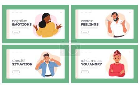 Illustration for Angry People Landing Page Template Set. Male and Female Characters With Scowling Face, Furrowed Brows, Clenched Jaw And Crossed Arms Expressing Disapproval Or Annoyance. Cartoon Vector Illustration - Royalty Free Image