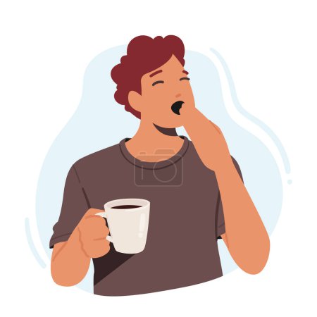 Illustration for Tired Yawning Coffee Drinker Male Character with Hot Drink Cup with Source Of Energy And Refreshment. Man Needs For A Boost Of Energy And Solution To Drowsiness. Cartoon People Vector Illustration - Royalty Free Image