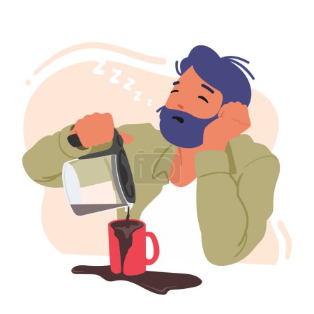 Téléchargez les illustrations : Homme fatigué somnolent versant du café dans la tasse, personnage masculin à l'air fatigué et somnolent. Concept de longues heures de travail, surmonter la fatigue ou les avantages de boire du café. Illustration vectorielle des personnages de bande dessinée - en licence libre de droit