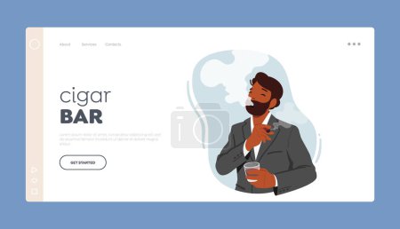 Illustration for Cigar Bar Landing Page Template. Man Leisurely Inhaling Smoke With Relaxed Expression On Face. Male Character Hold Cigarette Exhaling Smoke With Carefree Expression. Cartoon People Vector Illustration - Royalty Free Image