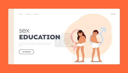 Illustration for Sex Education Landing Page Template. Little Boy and Girl Learn their Sexuality and Anatomy. Children Characters Look inside the Panties Watching on their Genitals. Cartoon People Vector Illustration - Royalty Free Image