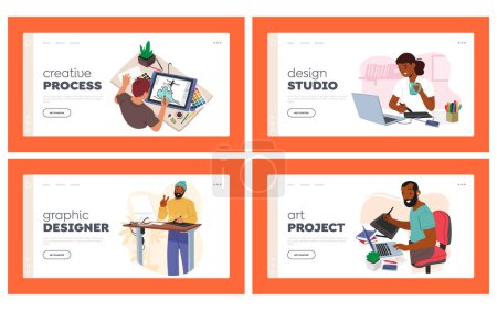 Graphic Designers at Work Landing Page Template Set. Creative Male and Female Characters Passionate About Design. People Working on Computers, Tablets and Laptops. Cartoon Vector Illustration