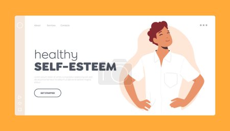 Illustration for Healthy Self-Esteem Landing Page Template. Man With Arms Akimbo Standing in Confident Posture And Determined Expression. Independent And Capable Male Character. Cartoon People Vector Illustration - Royalty Free Image