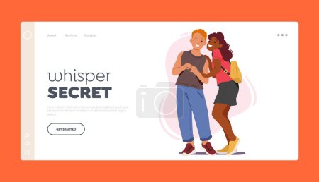 Illustration for Whisper Secret Landing Page Template. Two Young Children Characters Boy and Girl Whispering. Youth, Joy Of Friendship Concept with School Kids Chatting in Secrecy. Cartoon People Vector Illustration - Royalty Free Image