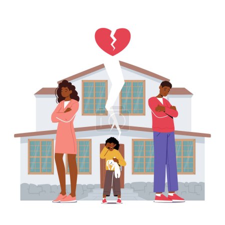 Heartbreaking Situation Of Child Witnessing A Marital Separation. Unhappy Kid Caught Between Quarreling Parents In Divorce Situation On Broken House Background. Cartoon People Vector Illustration