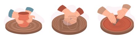 Illustration for Master Potter Skillfully Sculpts Clay On A Spinning Wheel Smoothing The Clay To Create A Perfect Crockery Masterpiece, Vase, Pot or Jug Isolated on White Background. Cartoon Vector Illustration - Royalty Free Image